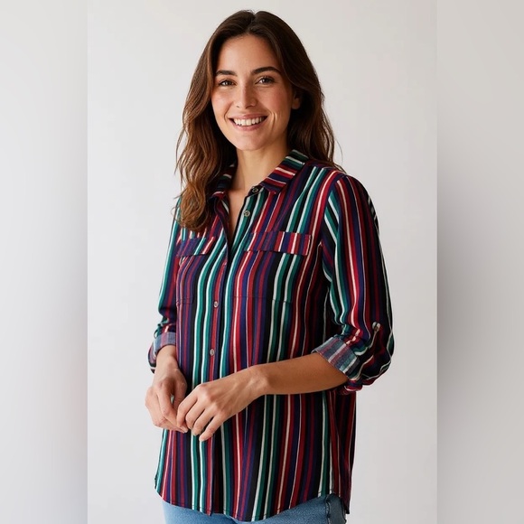 CALVIN KLEIN M Red Blue Green Candy Striped Silly Camp Shirt Epaulettes R $89 - Picture 1 of 7